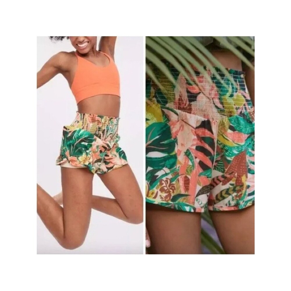 Offline By Aerie. Tropical Print High-Waist Women’s Shorts - Coral & Green